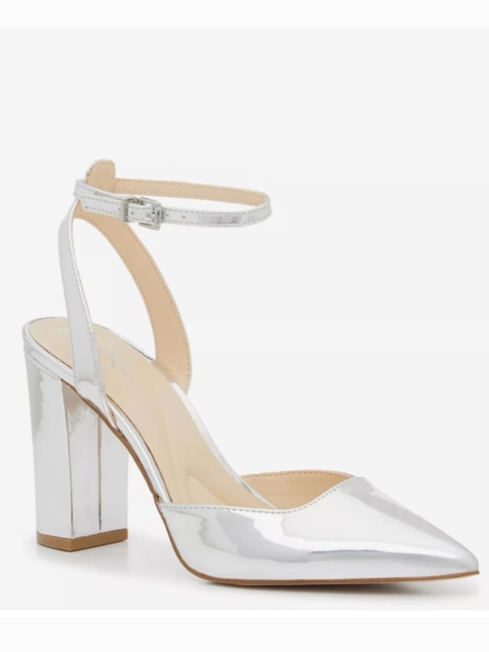 Jessica Simpson Norielle silver pointy toe block heels